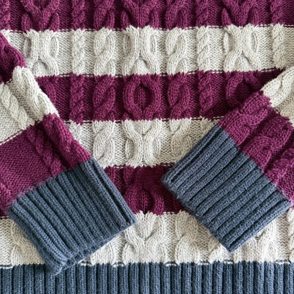 LL BEAN Double L Cotton Cable Knit Fisherman Sweater Gray Purple Small - Picture 6 of 10